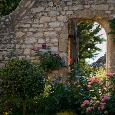 a stone wall with an open gate in a pretty enchanted garden