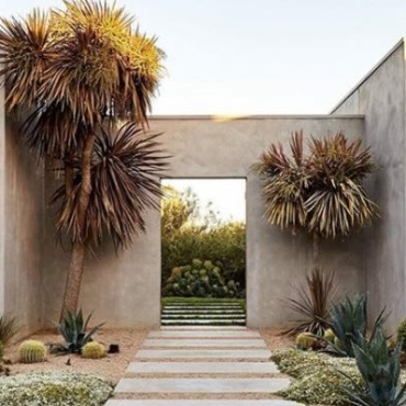 a gravel garden with drought-tolerant plants and a paved path leading through a stucco arch