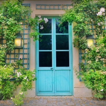Old door outside with trellis on the sides